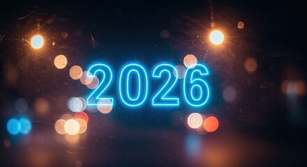Wall Mural - Neon 2026 Sign Against Bokeh Lights: Futuristic New Year Concept