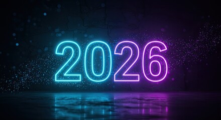 Wall Mural - Neon 2026 Year Glowing in Futuristic Dark Environment, Abstract Design.