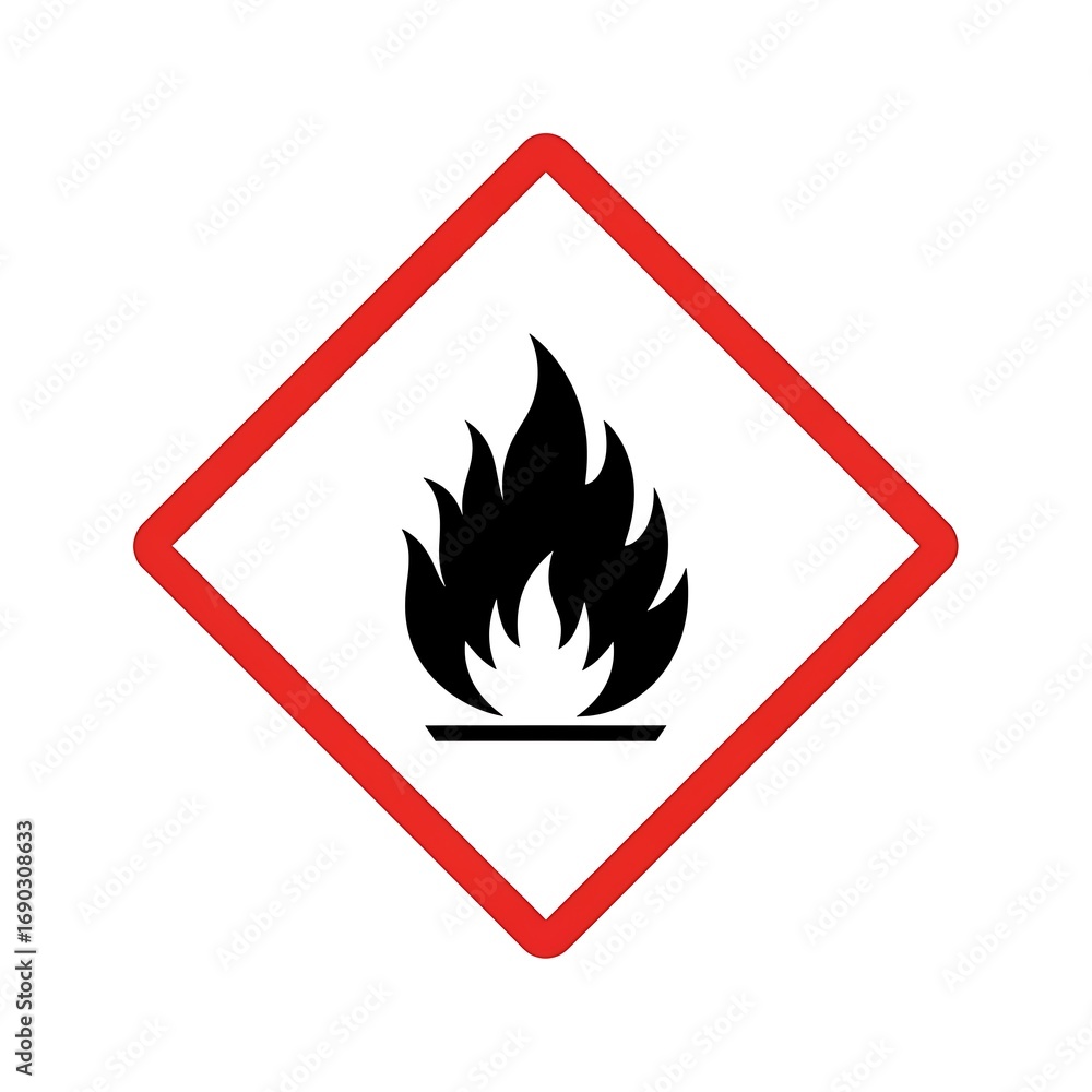 Flammable hazard warning symbol in red diamond for product safety ...