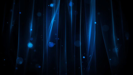 Abstract vertical blue light streaks and bokeh particles on a dark background