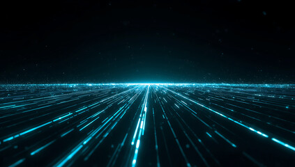 Abstract glowing blue light streaks converge towards a bright horizon on a dark digital background
