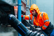 © CandyRetriever  - Industrial engineer maintenance pipeline valves air HVAC cooling systems at construction site in raining day. Male technician in safety uniform working and inspect building exterior plumbing systems.