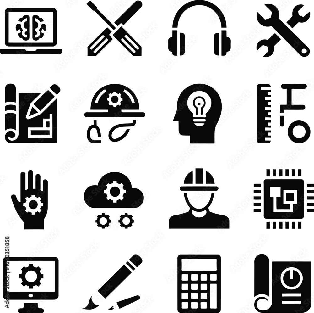 (197)Engineering & Tech Icon Set – Black and White Vector Illustrations ...