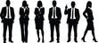 © Parvej Creatives - Silhouettes of business professionals in formal attire standing together, representing teamwork, leadership, office staff, and corporate group unity.