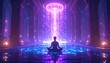 © Parkik - Silhouette meditating under a radiant, otherworldly light in a grand hall. The scene is bathed in purple and blue, with ornate pillars, glossy floors, and mystical glowing patterns