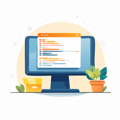 Flat Design Computer Screen Showing Colorful Code