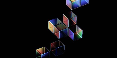 Wall Mural - Abstract iridescent glass cubes on a black background, 3d render
