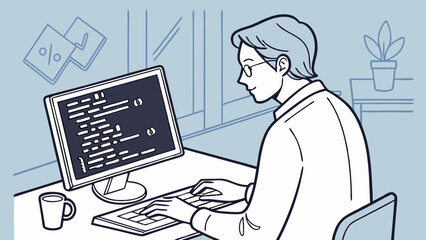 Illustration of a person working on a computer programming coding software development office work.