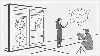 Wall Mural - Illustration of two individuals working on laptops near a large technological display showing network diagrams and circuit boards.