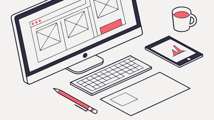 Wall Mural - Isometric illustration of a workspace with computer keyboard tablet and stationery items.