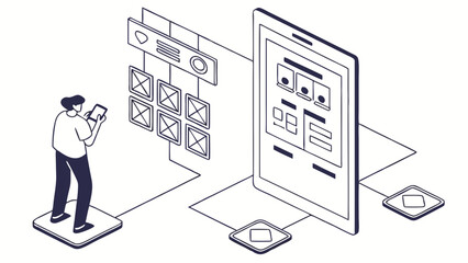 Isometric Illustration of Person Using Mobile App with UI Design Elements.