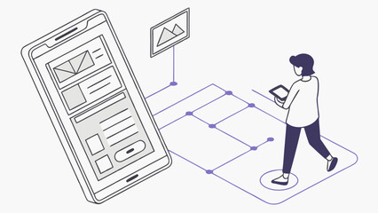 Wall Mural - Isometric Illustration of Person Using Mobile Device and Tablet Connected Network Digital Technology Concept.