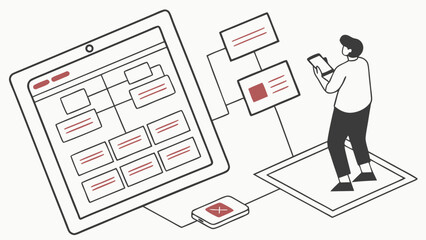 Wall Mural - Isometric Illustration of Person Using Tablet and Smartphone for Project Management or Workflow Visualization.