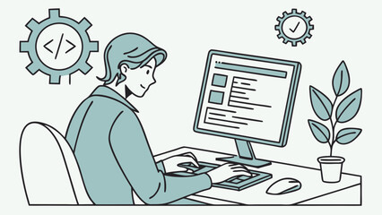 Wall Mural - Person working at computer coding programming software development website design desktop illustration simple minimalist clean design modern flat style vector graphic office worker business technolog.