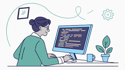 Programmer coding on computer modern workspace illustration software development technology concept.
