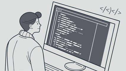 Wall Mural - Programmer looking at code on computer screen software development coding illustration.