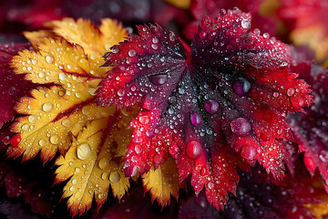 Wall Mural - Vibrant Fall Leaves with Dewdrops - Nature's Autumn Beauty for Seasonal Design