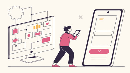 User interacting with computer and mobile device showcasing UIUX design and workflow.