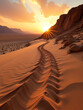© Deborah - rugged desert ridge stretches towards warm golden light sunset etched deep tire tracks plunge coarse sand like