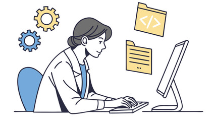 Woman working on computer coding software development programming technology illustration flat design vector art.