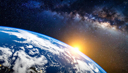 earth sunrise view from space showing bright light horizon and galaxy stars in dark cosmic sky