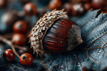 Wall Mural - Autumn Aesthetic with Acorn and Berries on Rustic Leaves for Seasonal Design