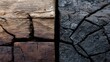 © Elena - Closeup of aged weathered wooden boards showing deep cracks and rich textures in earthy brown and black tones creating a rustic, natural background with copy space on the right