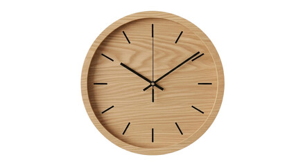 Wooden clock with a minimalist design isolated on transparent background, showing the time with a simple and elegant style