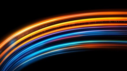 Wall Mural - abstract image of vibrant orange and blue light trails arching across a black background, conveying 
