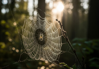 A delicate spiderweb glistens with morning dew in the soft, ethereal light of a forest sunrise.