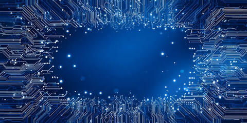 Wall Mural - A digital circuit board with glowing white lines on a deep blue background.