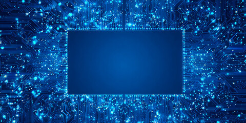 Wall Mural - A digital circuit board with intricate blue lines and glowing bright particles forming a frame.