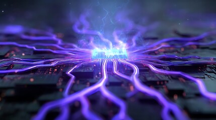 Abstract technology background with glowing lines and central processor unit for ai and computing