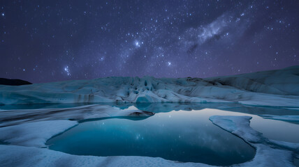 Starry Night over Glacial Lagoon A breathtaking celestial display illuminating the frozen landscape with shimmering reflections of the cosmos.