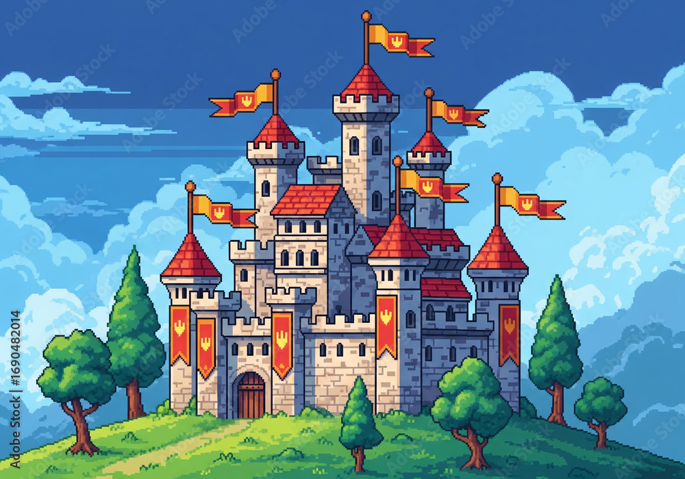 Pixel art medieval castle fortress with flags towers and fantasy ...