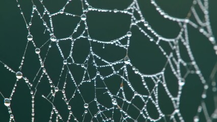 Delicate spiderweb glistening with morning dew drops in nature