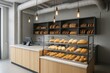 © Pixels Hunter - Interior of modern bakery with wooden counters, industrial lights, and fresh bread on display shelves in a clean, minimalist style setting. Ai generative