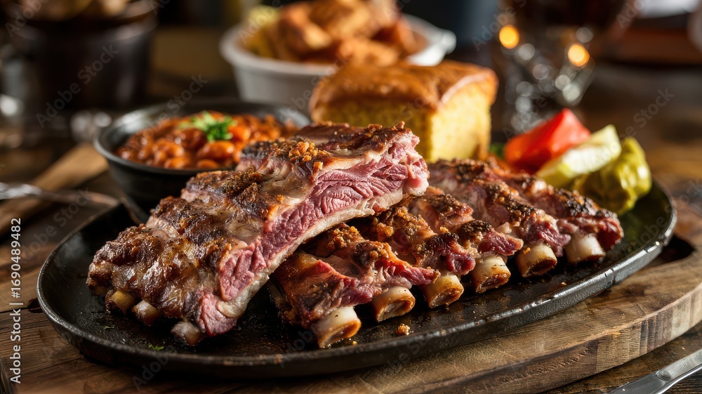 Memphis dry ribs half-rack on cast iron plate with traditional southern ...