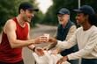 © Who is Danny - Runner receiving water from volunteers at hydration station during marathon on outdoor road with green forest background and natural light. Ai generative