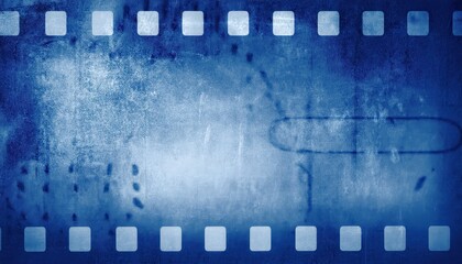 Wall Mural - vintage blue film strip texture with grunge cinematic frame and faded light center for creative wallpaper or editorial banner background