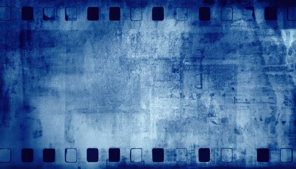 Wall Mural - vintage blue film strip texture with grunge cinematic frame and faded light center for creative wallpaper or editorial banner background