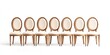 © Samady - A row of six upholstered dining chairs is arranged in a straight line against a plain white background. Each chair features a rounded wooden seat with a light beige fabric cushion