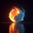 © Vilius - 3d render abstract fire and ice sphere orb reflection on water dark background
