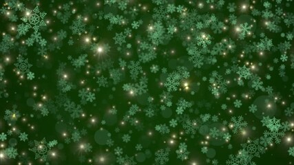 Wall Mural - looped animation of falling snowflakes and golden light particles on green christmas background