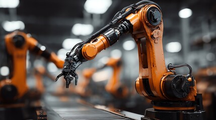 An array of industrial robotic arms work in unison on a production line, showcasing automation and precision engineering within a modern factory setting.