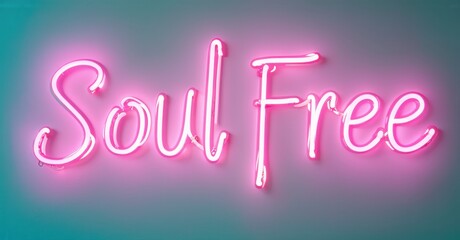 Wall Mural - bright pink neon sign displays words soul free against gradient background. vivid colors create ener