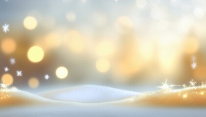 Wall Mural - golden star ornament sparkling on snowy surface with glowing bokeh lights in dreamy festive background for banner or wallpaper