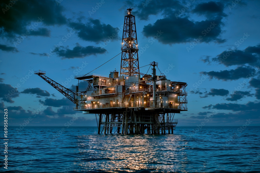 Moderm Oil Rig Modern offshore oil rig operating during evening shift in middle of ...