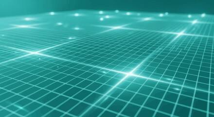 Abstract futuristic background with a glowing teal digital grid and light nodes representing a network.