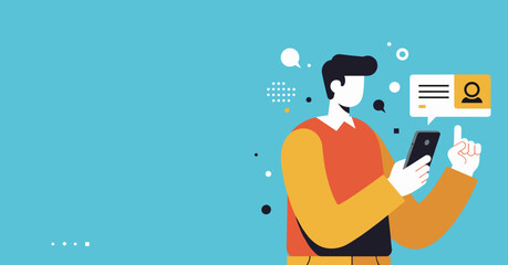Modern flat illustration of a man using a smartphone for communication, with chat bubbles and profile icons symbolizing social networking and connectivity.